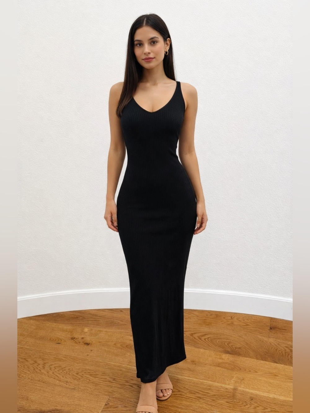 Shein Sleeveless Black Ribbed V-Neck Tank Maxi Dress - Size XS / 2